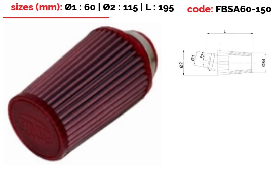 Filtre conique BMC Top polyur. diam 60mm coudé à 12 degrés