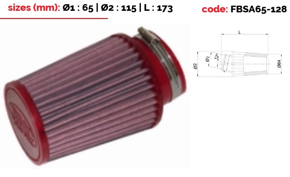 Filtre conique BMC Top polyur. diam 65mm coudé à 12 degrés